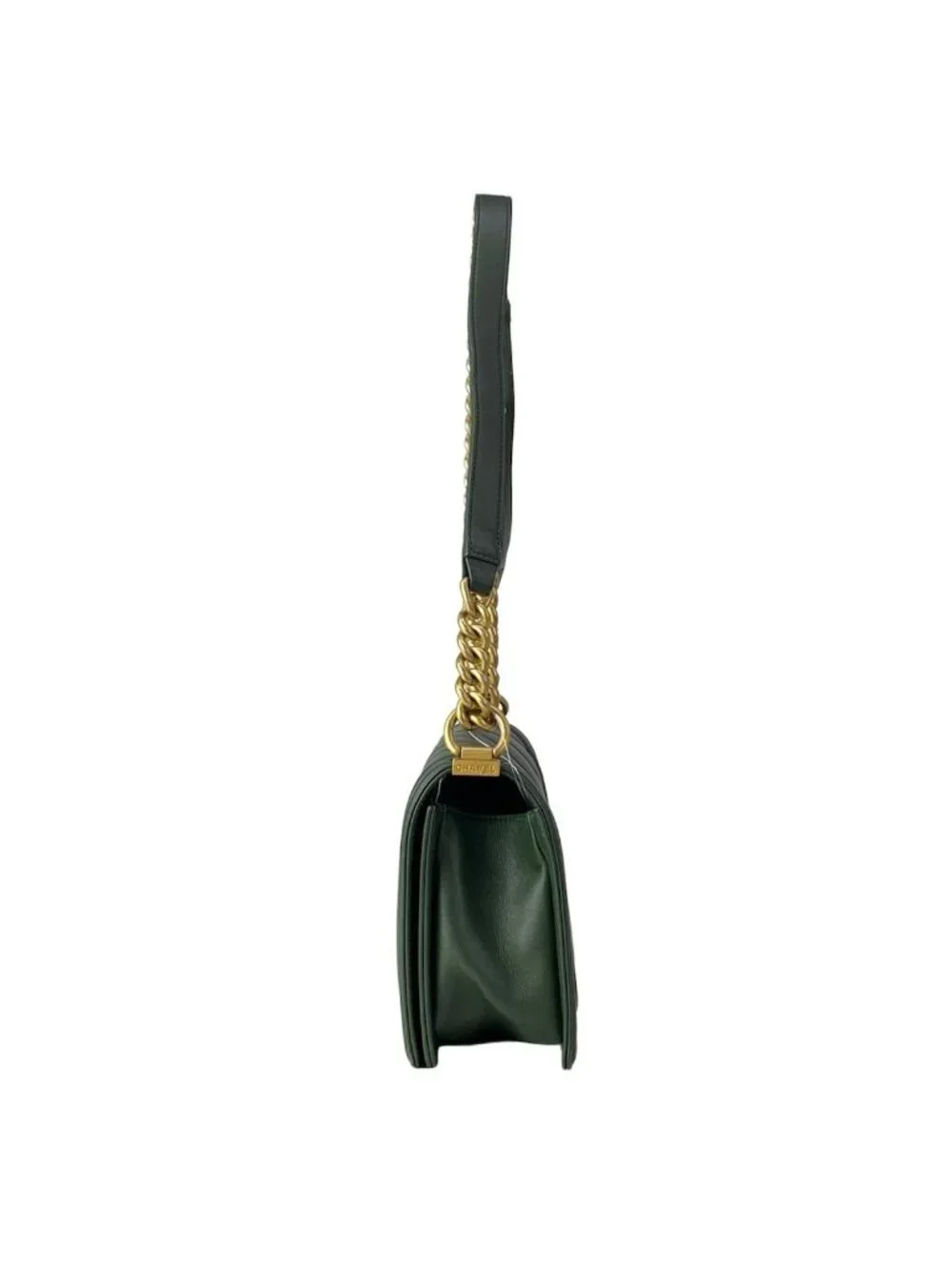 Chanel Shoulder Bag Boy Quilted Dark Green Vintage Gold Chain Leather
